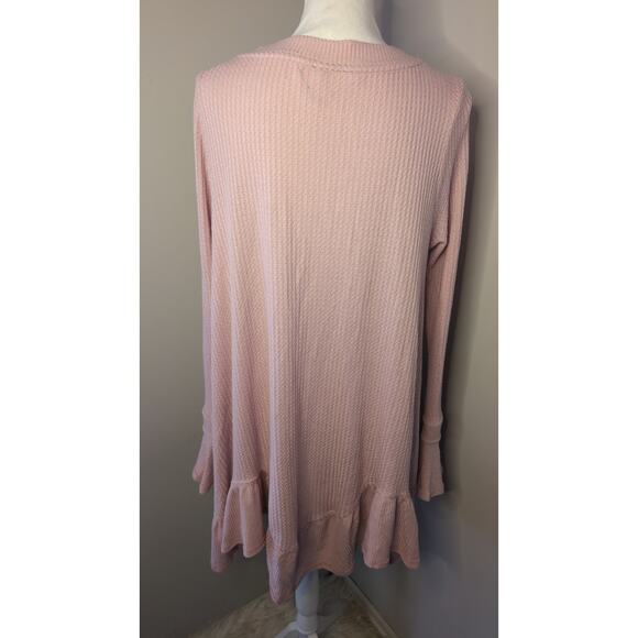 Free People Pink Waffle Knit Ruffle Hem Henley Tunic - Picture 3 of 8
